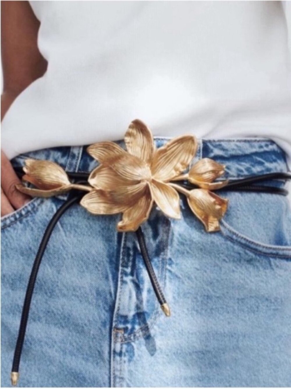 New! Gold Flower Leather Statement Leather Black Cord Belt NWOT